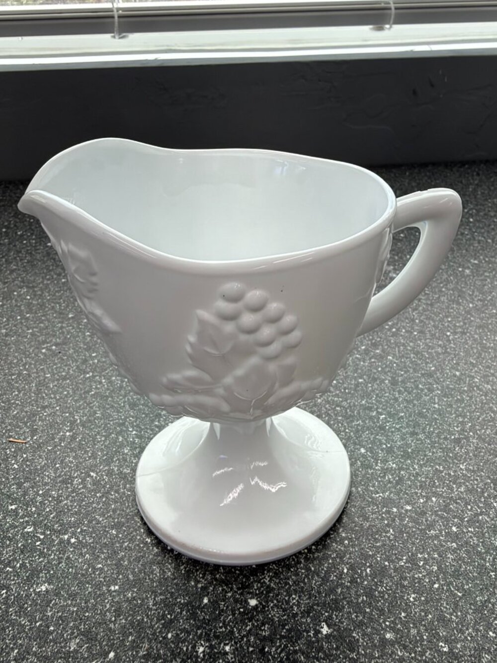 Vintage White Milk Glass Pedestal Creamer Pitcher Grape Pattern 5"